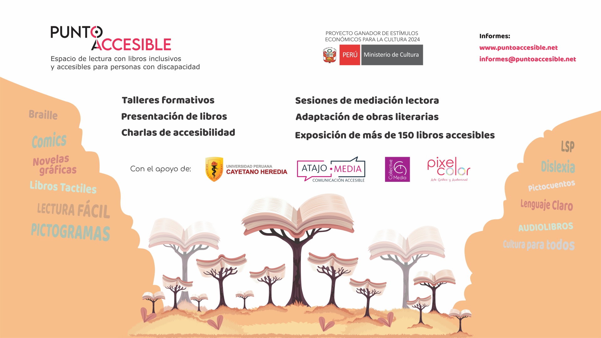 Diseño gráfico del poster del proyecto PuntoAccesible espacio de lectura inclusivotos de las actividades y dibujos de libros y niños leyendo.